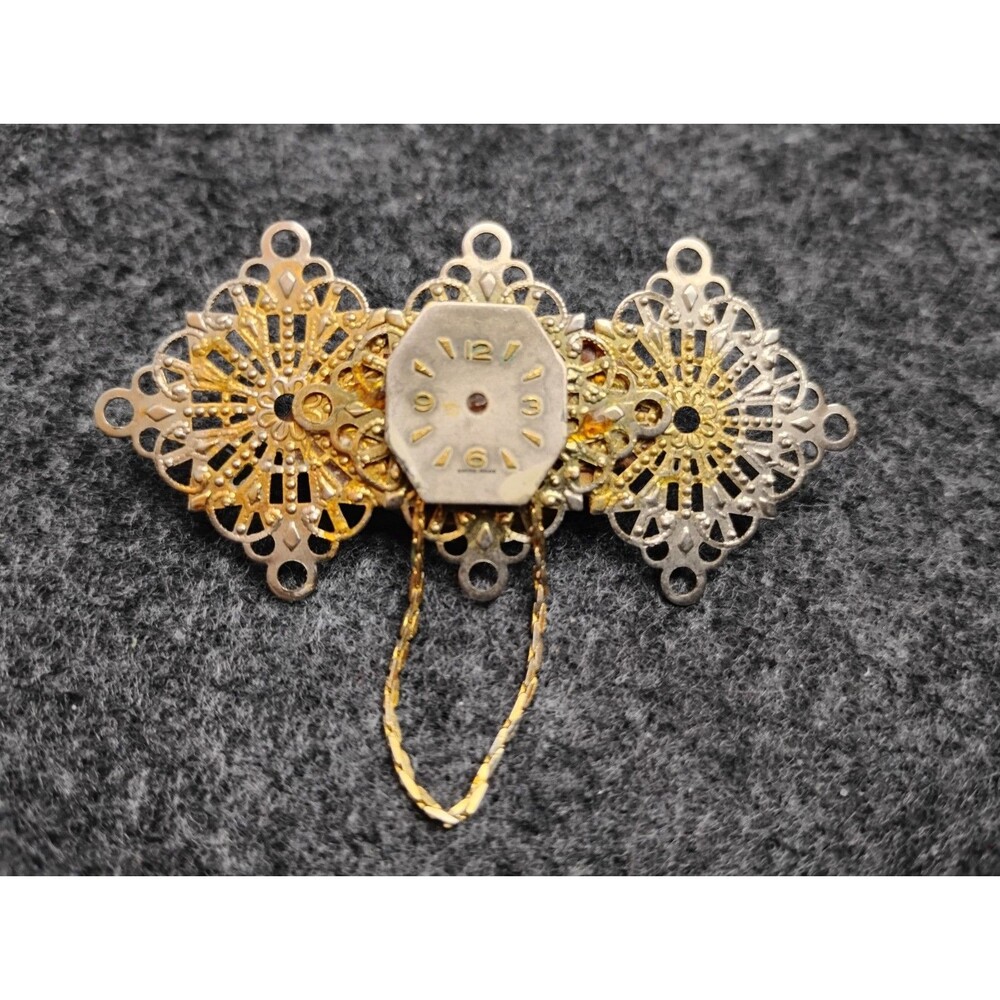 Vintage Steampunk Clock Face and Filigree Ornate Brooch Pin with Rust Patina